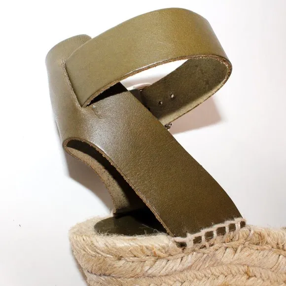 J. Crew Jeweled Vacchetta Olive Leather Espadrille Wedge Sandals
