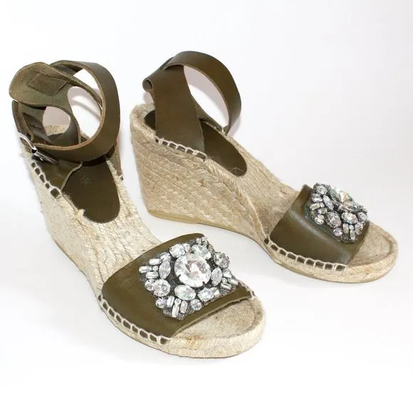 J. Crew Jeweled Vacchetta Olive Leather Espadrille Wedge Sandals