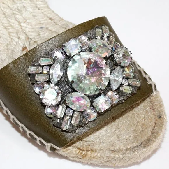 J. Crew Jeweled Vacchetta Olive Leather Espadrille Wedge Sandals