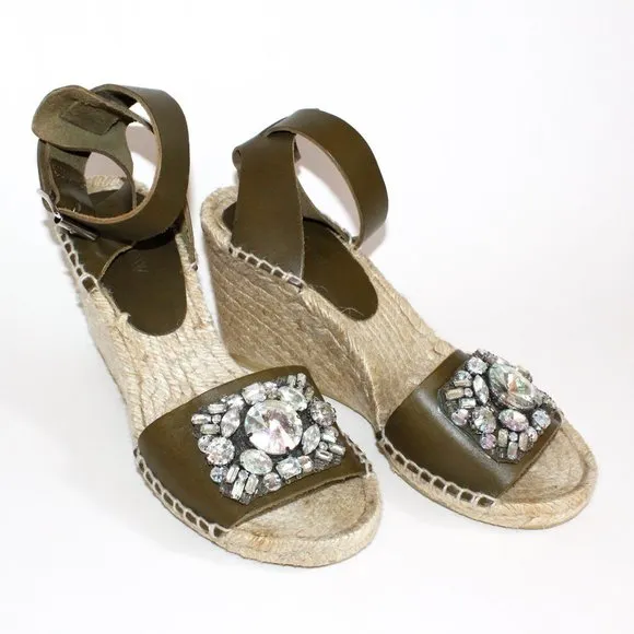 J. Crew Jeweled Vacchetta Olive Leather Espadrille Wedge Sandals