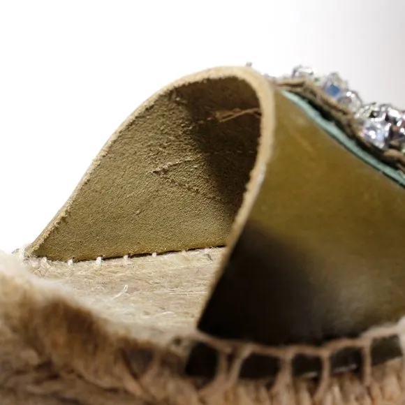 J. Crew Jeweled Vacchetta Olive Leather Espadrille Wedge Sandals