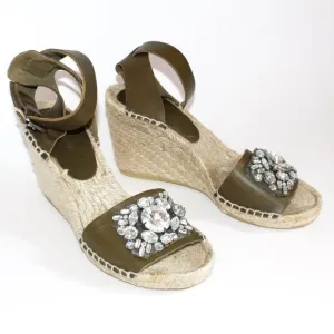 J. Crew Jeweled Vacchetta Olive Leather Espadrille Wedge Sandals