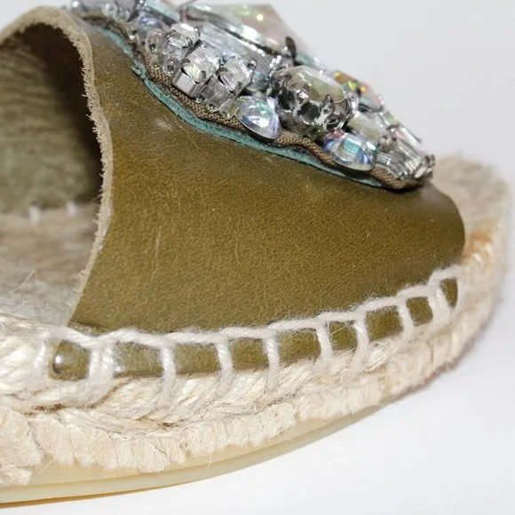 J. Crew Jeweled Vacchetta Olive Leather Espadrille Wedge Sandals