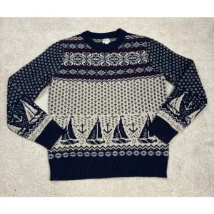 J. Crew Men's Fair Isle Lambswool Navy Boats Crewneck Sweater Size S