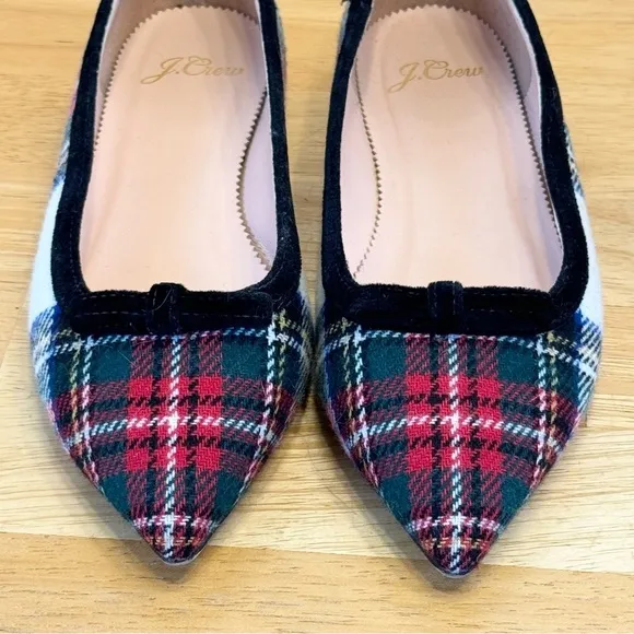 J Crew Pointed Bow Flats Snowy Tartan Plaid
