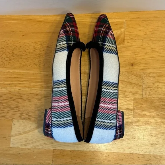 J Crew Pointed Bow Flats Snowy Tartan Plaid
