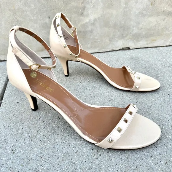 J. RENEE strappy sandals heels cream vegan gold studded stiletto sexy Women’s 13