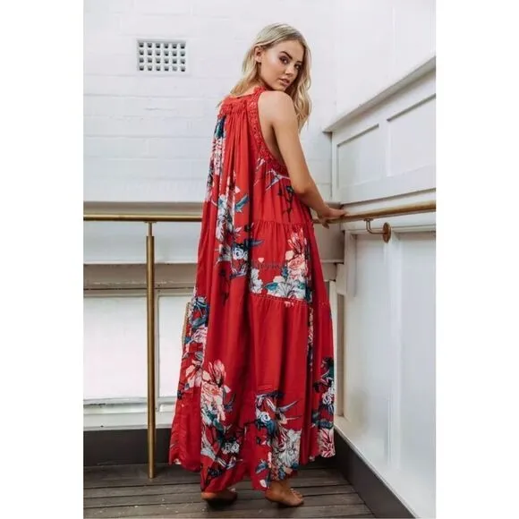 Jaase Bronte Lovers Passion Print Red Floral Maxi Dress M