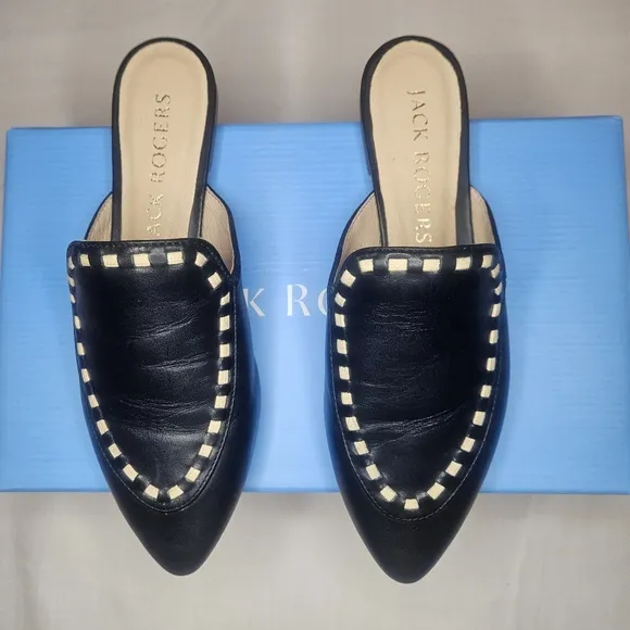 Jack Rogers Clarke Cord Mule Flats Black With Cream Stiching Detail NIB Sz 6
