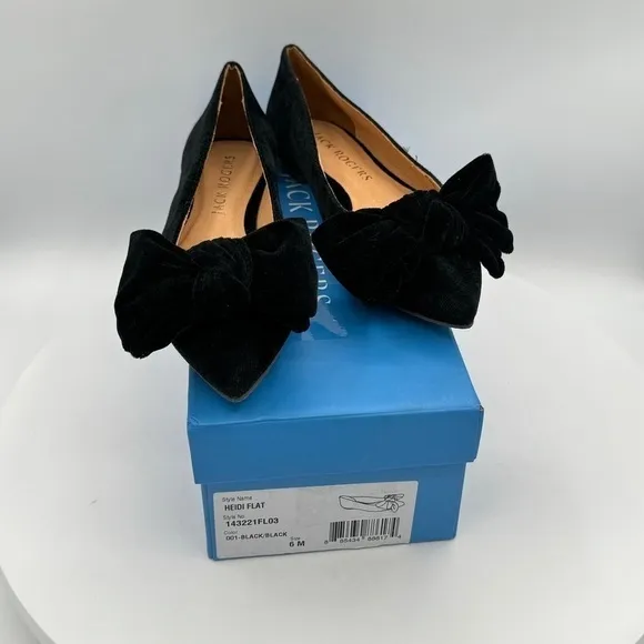 JACK ROGERS HEIDI VELVET LARGE BOW WOMENS FLATS  SIZE 6  COLOR BLACK VELVET  NEW