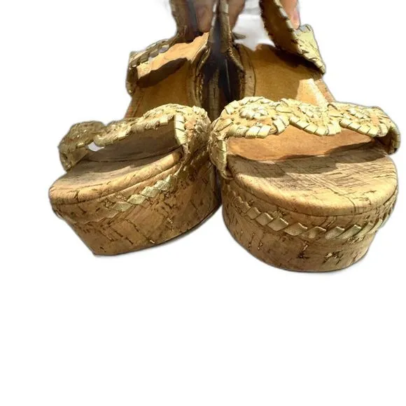 Jack Rogers Leigh Wedges Sandals Cork Platform Brown Gold Leather Slip On size 8