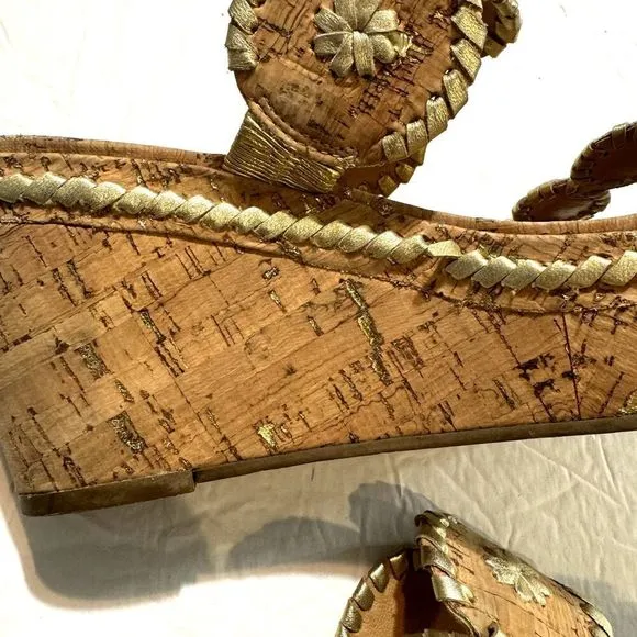 Jack Rogers Leigh Wedges Sandals Cork Platform Brown Gold Leather Slip On size 8