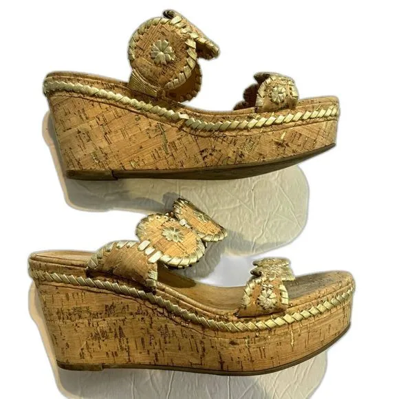 Jack Rogers Leigh Wedges Sandals Cork Platform Brown Gold Leather Slip On size 8
