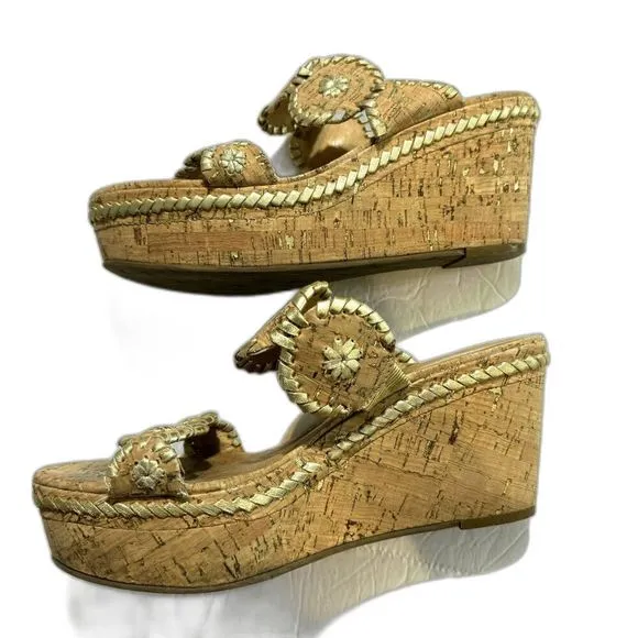 Jack Rogers Leigh Wedges Sandals Cork Platform Brown Gold Leather Slip On size 8