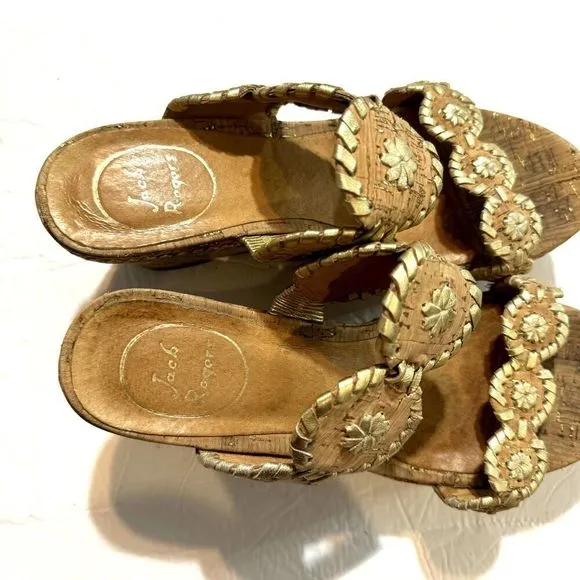 Jack Rogers Leigh Wedges Sandals Cork Platform Brown Gold Leather Slip On size 8