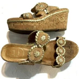 Jack Rogers Leigh Wedges Sandals Cork Platform Brown Gold Leather Slip On size 8