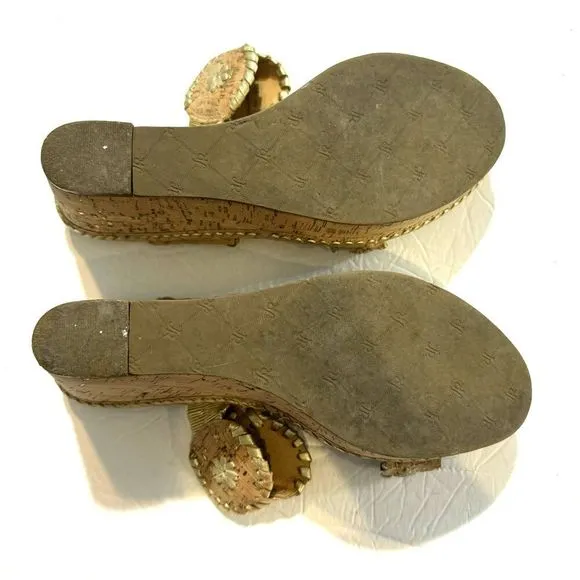Jack Rogers Leigh Wedges Sandals Cork Platform Brown Gold Leather Slip On size 8