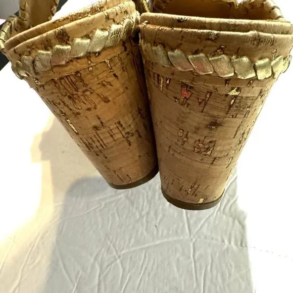 Jack Rogers Leigh Wedges Sandals Cork Platform Brown Gold Leather Slip On size 8