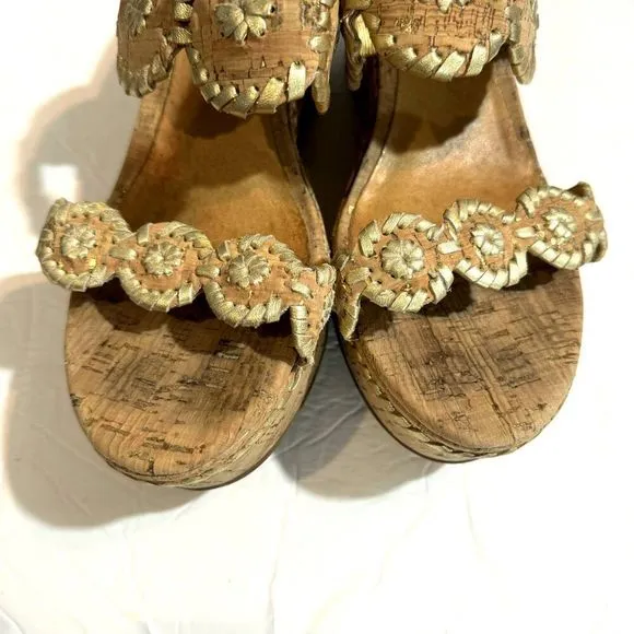 Jack Rogers Leigh Wedges Sandals Cork Platform Brown Gold Leather Slip On size 8
