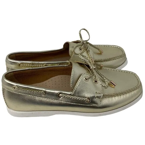 Jack Rogers Women's Size 8 Ocean Leather Boat Shoes Gold Slip On Flat Loafer