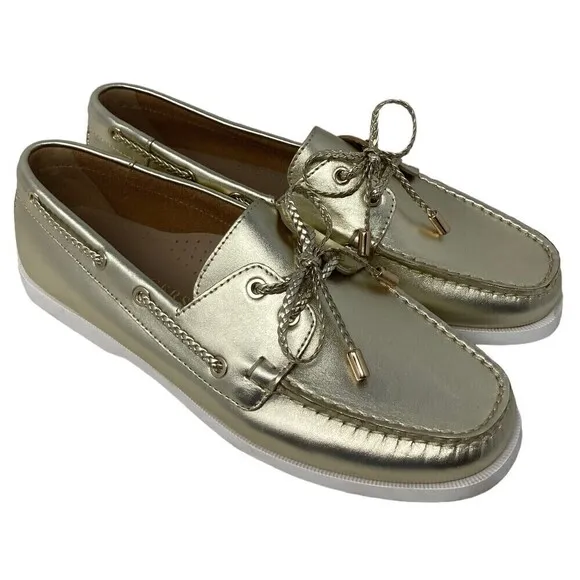 Jack Rogers Women's Size 8 Ocean Leather Boat Shoes Gold Slip On Flat Loafer