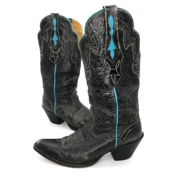 JB Dillon Boots JBW5011 Women’s 8.5B Black Turquoise Goat Leather Cowboy Western
