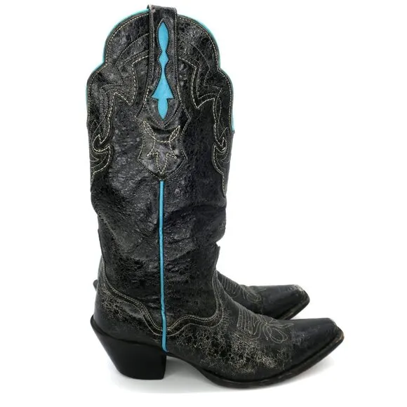 JB Dillon Boots JBW5011 Women’s 8.5B Black Turquoise Goat Leather Cowboy Western