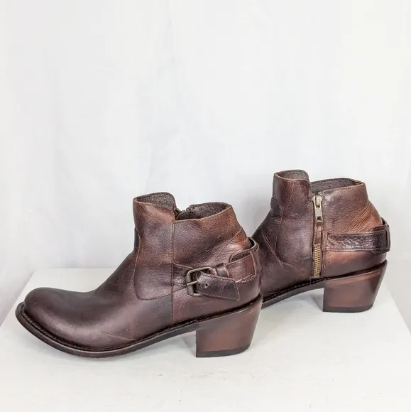 J.B. Dillon Distressed Brown Leather Side Zip Low Cowgirl Boots Booties
