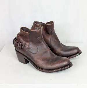J.B. Dillon Distressed Brown Leather Side Zip Low Cowgirl Boots Booties