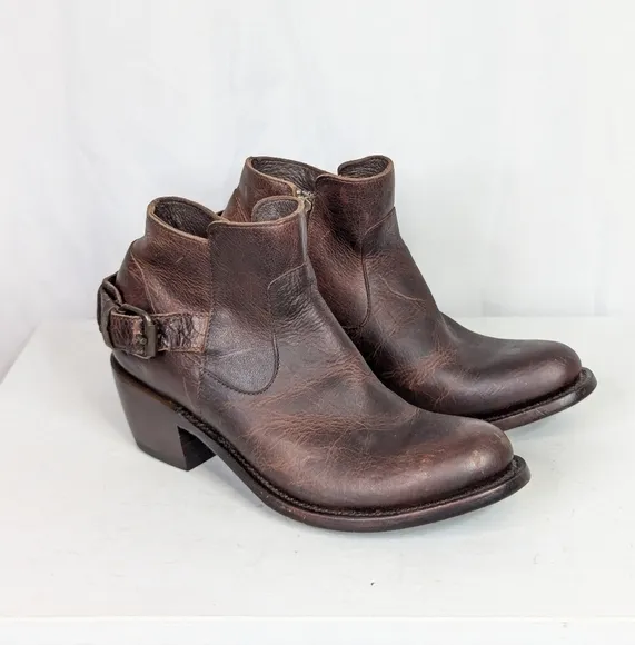 J.B. Dillon Distressed Brown Leather Side Zip Low Cowgirl Boots Booties