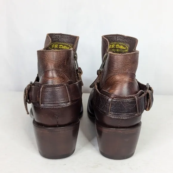 J.B. Dillon Distressed Brown Leather Side Zip Low Cowgirl Boots Booties