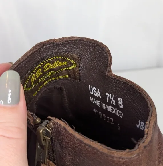 J.B. Dillon Distressed Brown Leather Side Zip Low Cowgirl Boots Booties