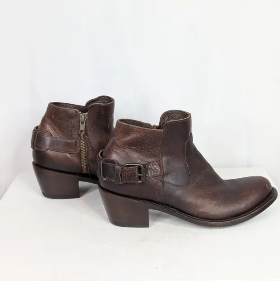 J.B. Dillon Distressed Brown Leather Side Zip Low Cowgirl Boots Booties