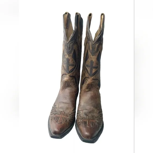 J.B. Dillon Leather Winged Cross Embroidered Cut Out Boots  Size 7 B Brown