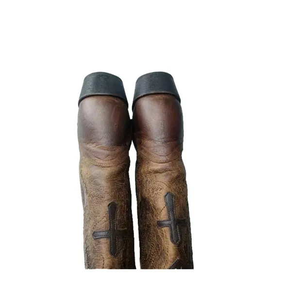 J.B. Dillon Leather Winged Cross Embroidered Cut Out Boots  Size 7 B Brown