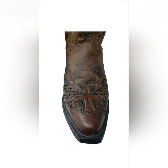 J.B. Dillon Leather Winged Cross Embroidered Cut Out Boots  Size 7 B Brown