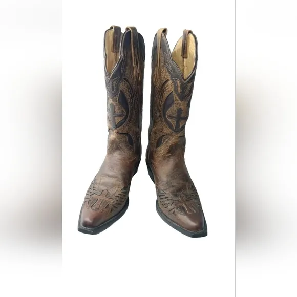 J.B. Dillon Leather Winged Cross Embroidered Cut Out Boots  Size 7 B Brown