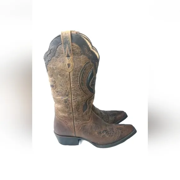 J.B. Dillon Leather Winged Cross Embroidered Cut Out Boots  Size 7 B Brown