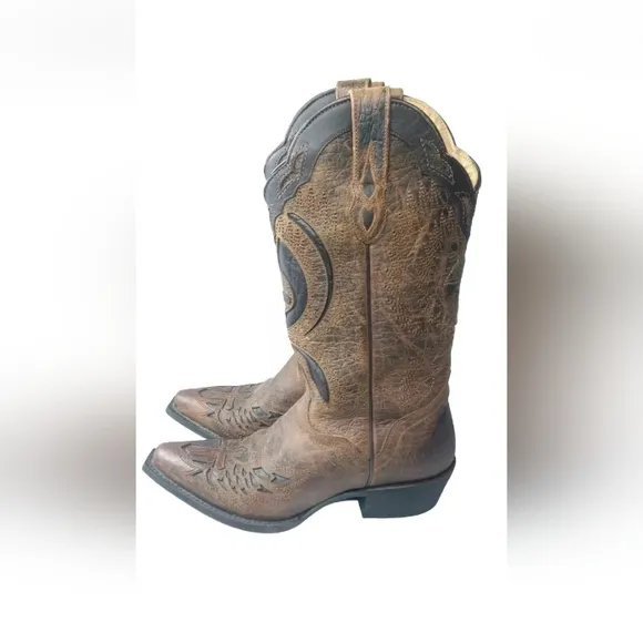 J.B. Dillon Leather Winged Cross Embroidered Cut Out Boots  Size 7 B Brown
