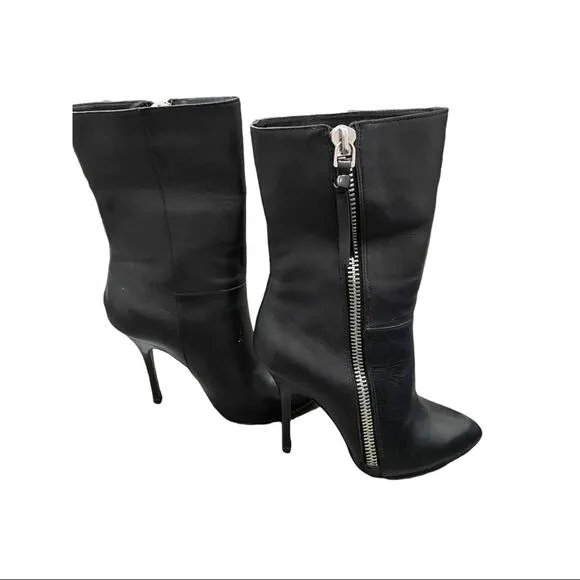Jean-Michel Cazabat Black Leather Side Zip Stiletto Heel Pointed Mid-Calf Boots
