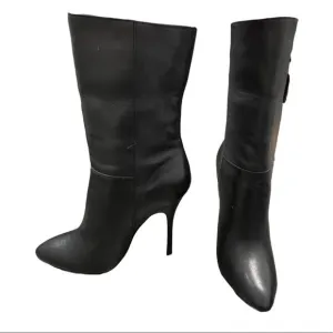 Jean-Michel Cazabat Black Leather Side Zip Stiletto Heel Pointed Mid-Calf Boots