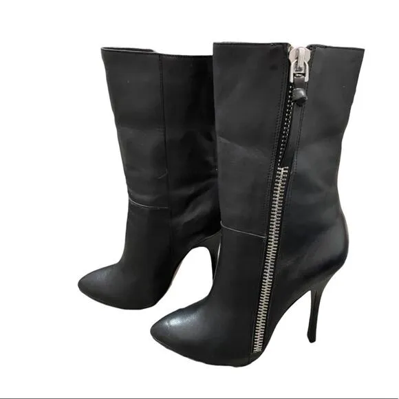 Jean-Michel Cazabat Black Leather Side Zip Stiletto Heel Pointed Mid-Calf Boots