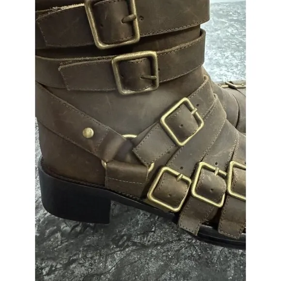 Jeffrey Campbell Belted Up Brown Leather Biker Boots Side Zip Sz 10