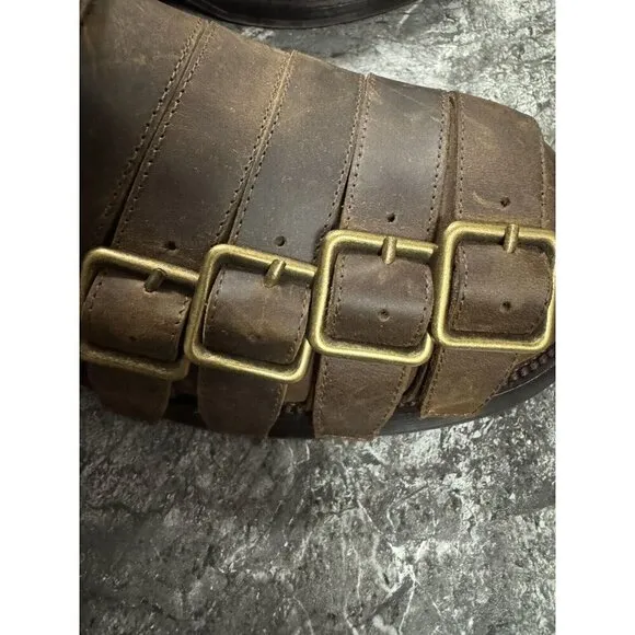 Jeffrey Campbell Belted Up Brown Leather Biker Boots Side Zip Sz 10