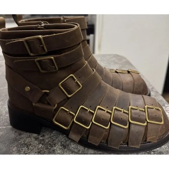 Jeffrey Campbell Belted Up Brown Leather Biker Boots Side Zip Sz 10
