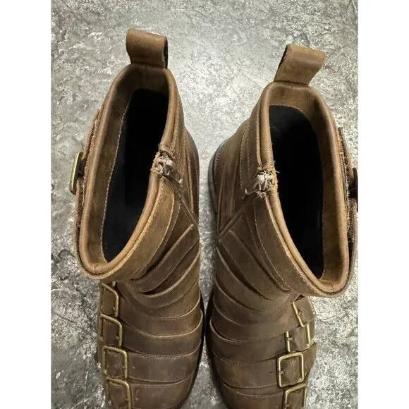 Jeffrey Campbell Belted Up Brown Leather Biker Boots Side Zip Sz 10