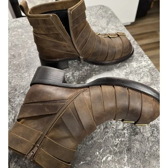 Jeffrey Campbell Belted Up Brown Leather Biker Boots Side Zip Sz 10