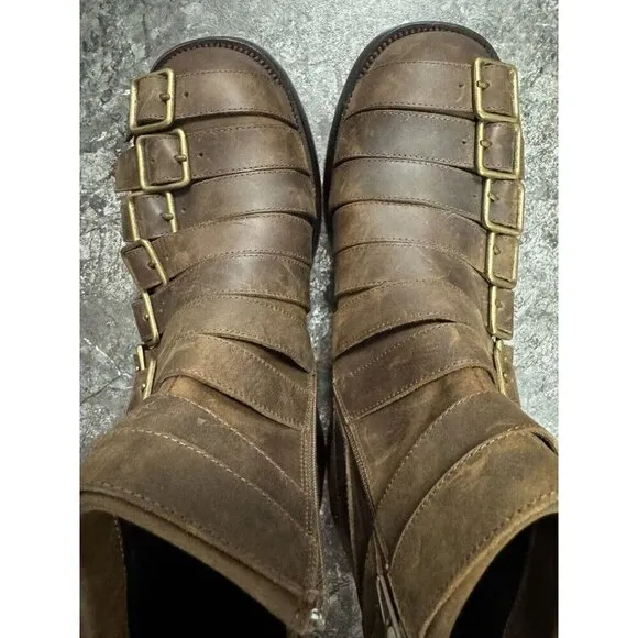 Jeffrey Campbell Belted Up Brown Leather Biker Boots Side Zip Sz 10
