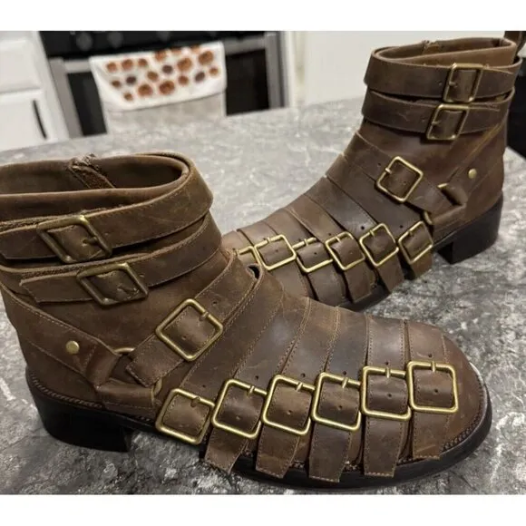 Jeffrey Campbell Belted Up Brown Leather Biker Boots Side Zip Sz 10