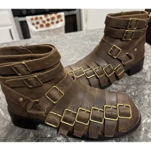 Jeffrey Campbell Belted Up Brown Leather Biker Boots Side Zip Sz 10